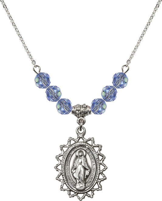 Sterling Silver Miraculous Birthstone Necklace with Light Sapphire Beads - 1619