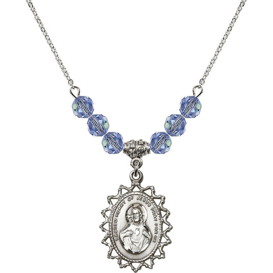 Sterling Silver Scapular Birthstone Necklace with Light Sapphire Beads - 1619