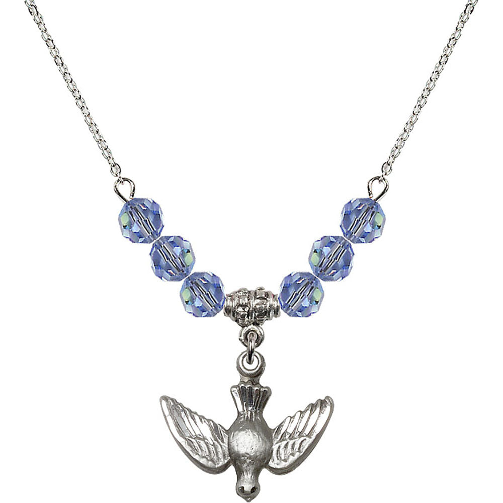 Sterling Silver Holy Spirit Birthstone Necklace with Light Sapphire Beads - 1628