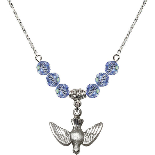 Sterling Silver Holy Spirit Birthstone Necklace with Light Sapphire Beads - 1628