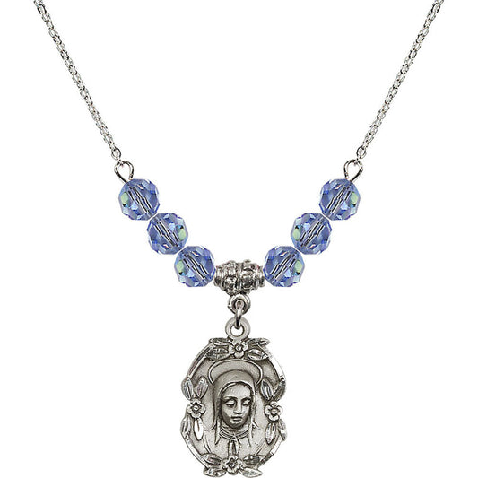 Sterling Silver Madonna Birthstone Necklace with Light Sapphire Beads - 1647