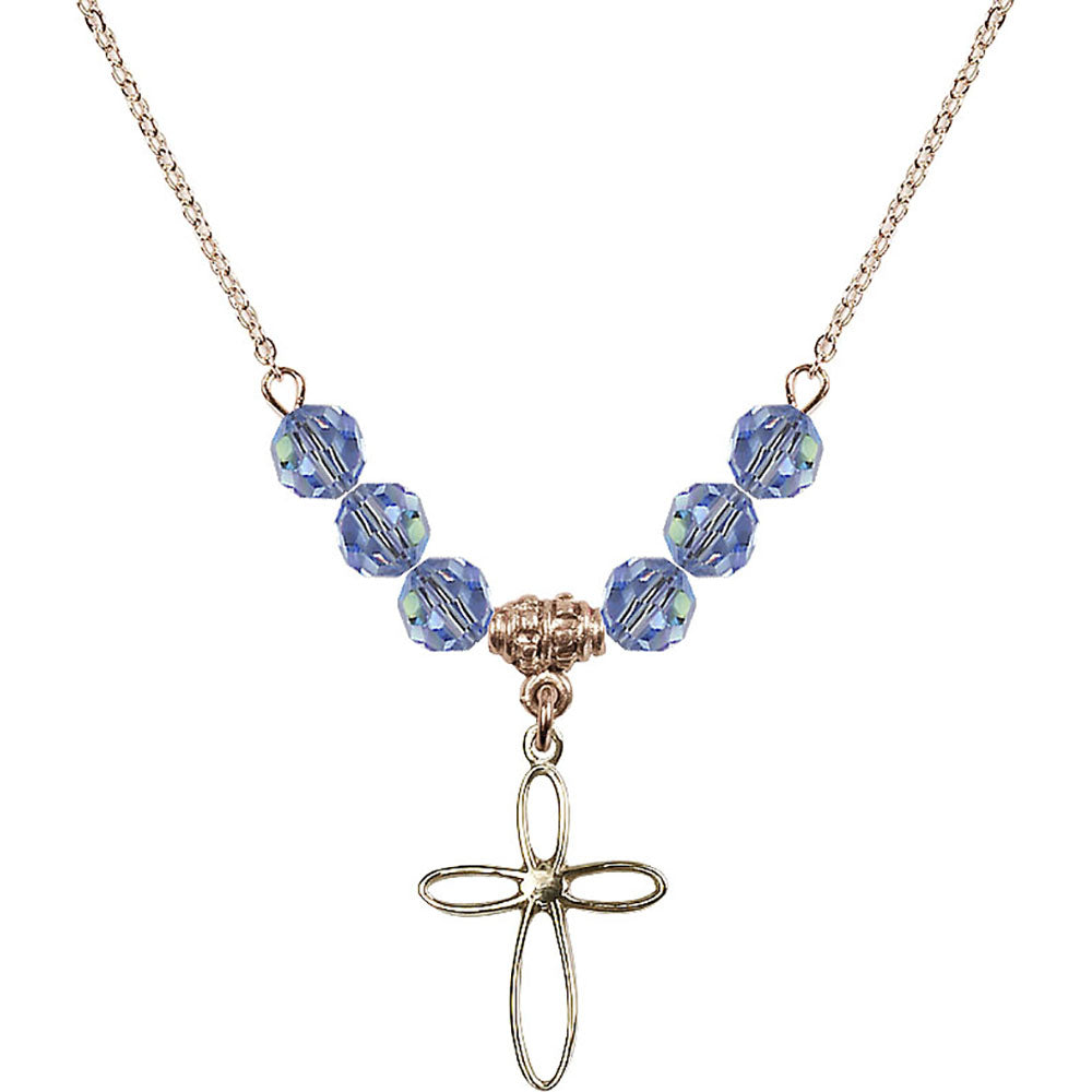 14kt Gold Filled Loop Cross Birthstone Necklace with Light Sapphire Beads - 1707