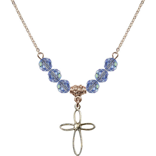 14kt Gold Filled Loop Cross Birthstone Necklace with Light Sapphire Beads - 1707