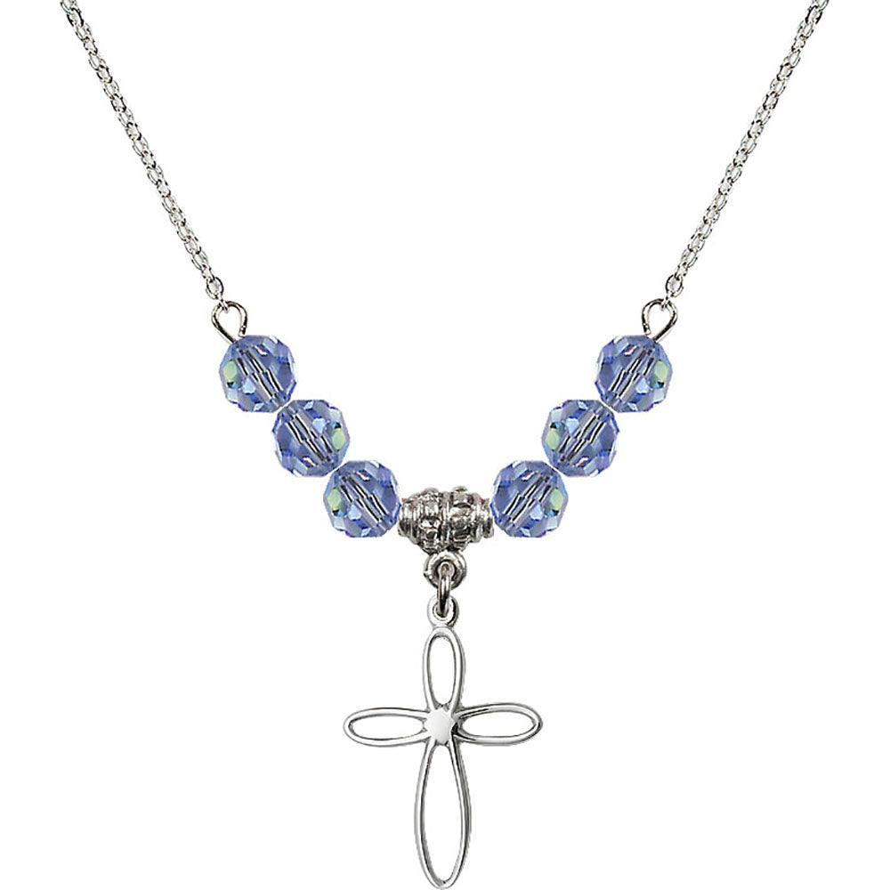 Sterling Silver Loop Cross Birthstone Necklace with Light Sapphire Beads - 1707