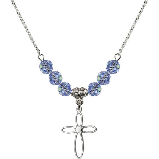 Sterling Silver Loop Cross Birthstone Necklace with Light Sapphire Beads - 1707