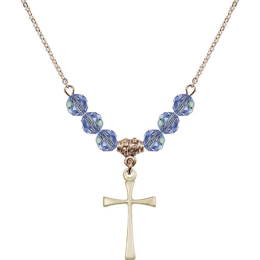 14kt Gold Filled Maltese Cross Birthstone Necklace with Light Sapphire Beads - 1870