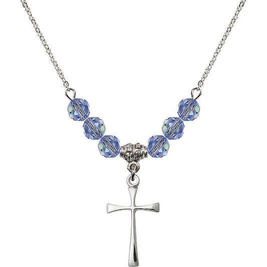 Sterling Silver Maltese Cross Birthstone Necklace with Light Sapphire Beads - 1870