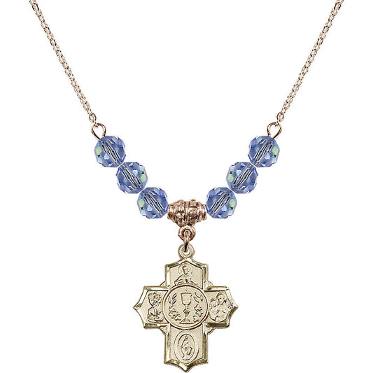 14kt Gold Filled Communion/5-Way Birthstone Necklace with Light Sapphire Beads - 2004