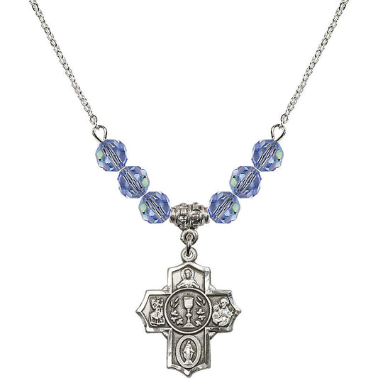 Sterling Silver Communion/5-Way Birthstone Necklace with Light Sapphire Beads - 2004
