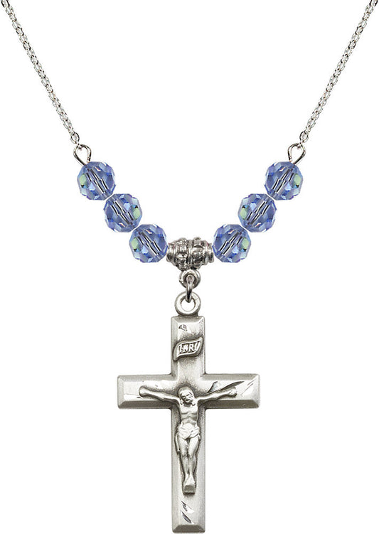 Sterling Silver Crucifix Birthstone Necklace with Light Sapphire Beads - 2186