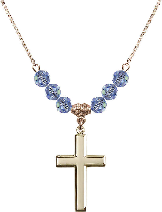 14kt Gold Filled Cross Birthstone Necklace with Light Sapphire Beads - 2190