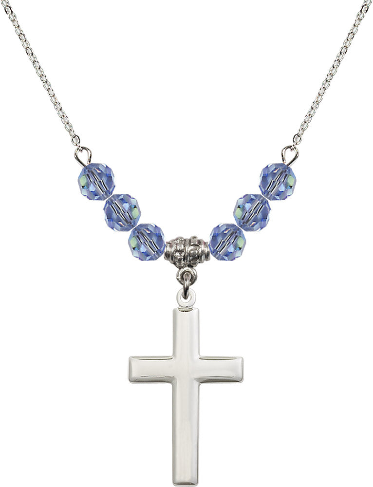 Sterling Silver Cross Birthstone Necklace with Light Sapphire Beads - 2190