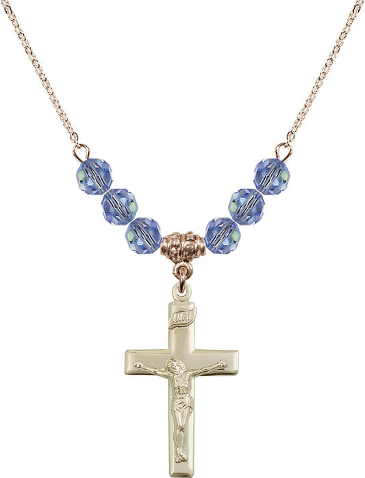 14kt Gold Filled Crucifix Birthstone Necklace with Light Sapphire Beads - 2191