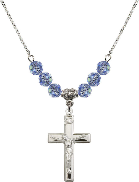 Sterling Silver Crucifix Birthstone Necklace with Light Sapphire Beads - 2191