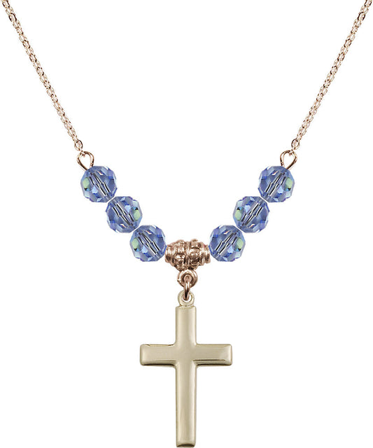 14kt Gold Filled Cross Birthstone Necklace with Light Sapphire Beads - 2195