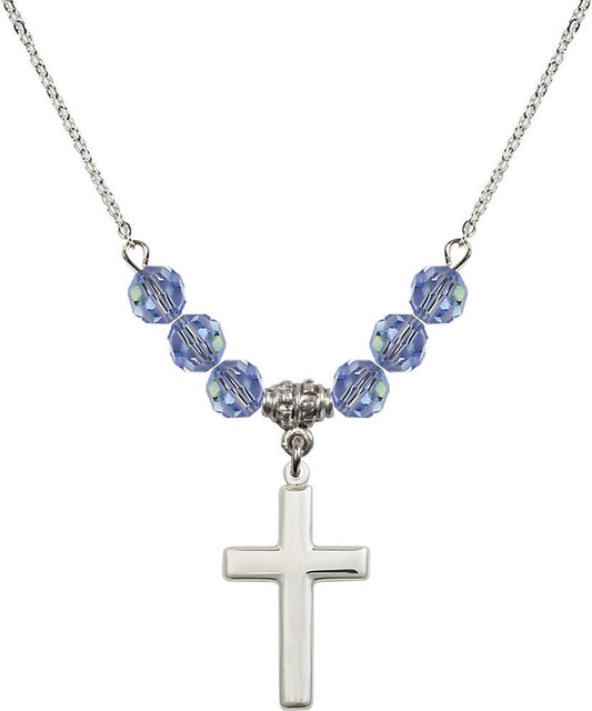 Sterling Silver Cross Birthstone Necklace with Light Sapphire Beads - 2195