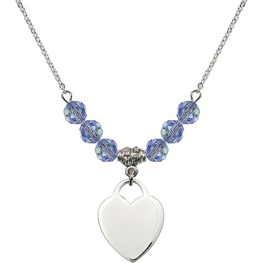 Sterling Silver Heart Birthstone Necklace with Light Sapphire Beads - 3200