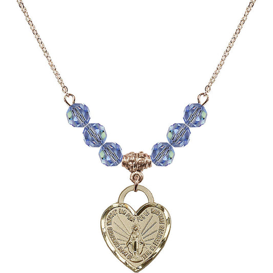 14kt Gold Filled Miraculous Heart Birthstone Necklace with Light Sapphire Beads - 3201