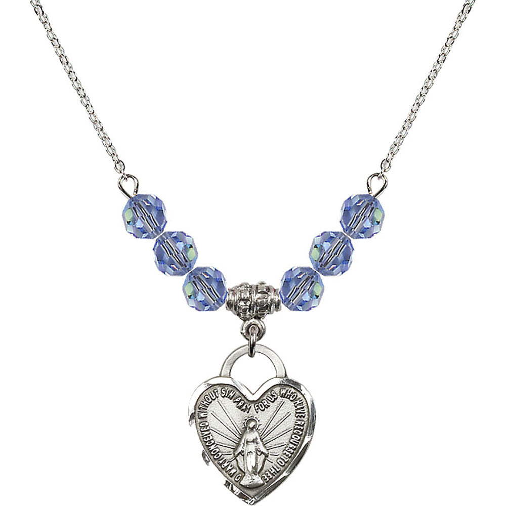 Sterling Silver Miraculous Heart Birthstone Necklace with Light Sapphire Beads - 3201