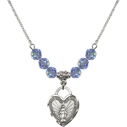 Sterling Silver Miraculous Heart Birthstone Necklace with Light Sapphire Beads - 3201