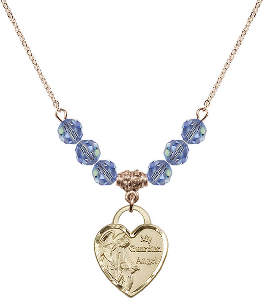 14kt Gold Filled Guardian Angel Heart Birthstone Necklace with Light Sapphire Beads - 3202