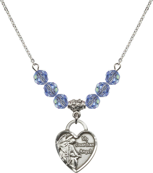 Sterling Silver Guardian Angel Heart Birthstone Necklace with Light Sapphire Beads - 3202