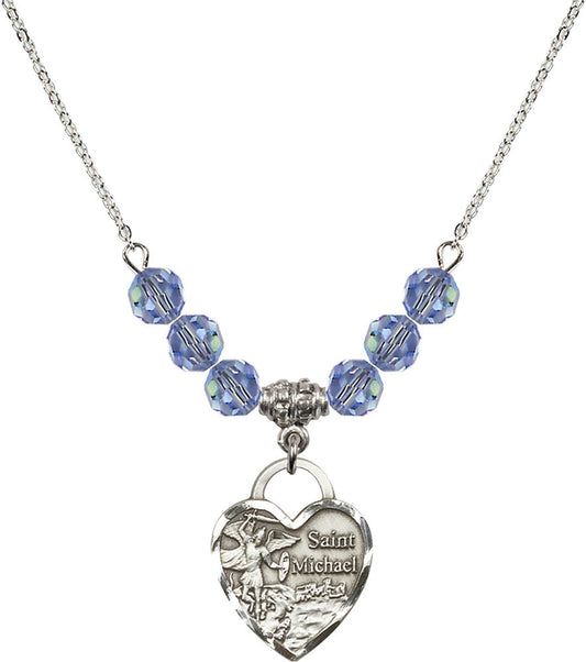 Sterling Silver Saint Michael the Archangel Birthstone Necklace with Light Sapphire Beads - 3203
