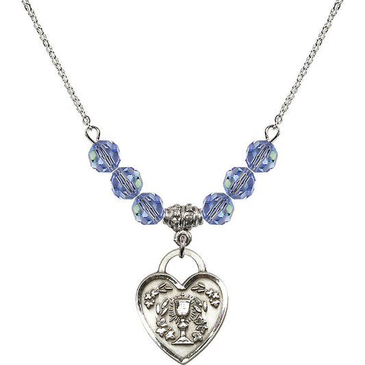Sterling Silver Communion Heart Birthstone Necklace with Light Sapphire Beads - 3204