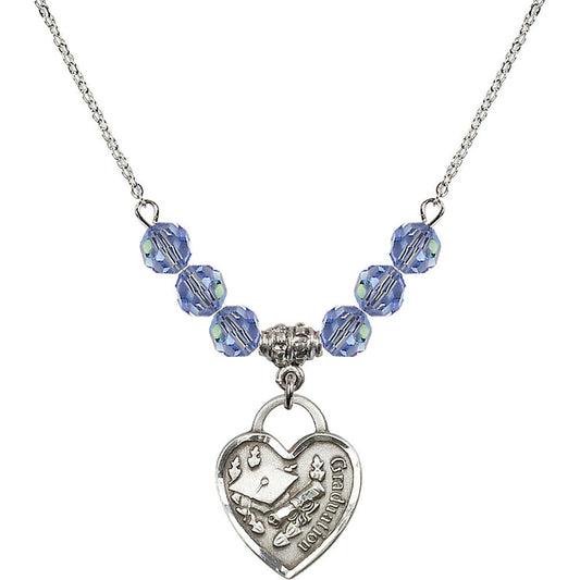 Sterling Silver Graduation Heart Birthstone Necklace with Light Sapphire Beads - 3206