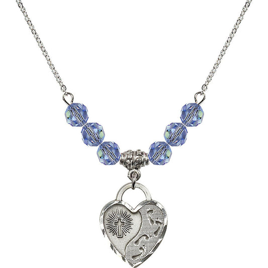 Sterling Silver Footprints Heart Birthstone Necklace with Light Sapphire Beads - 3207