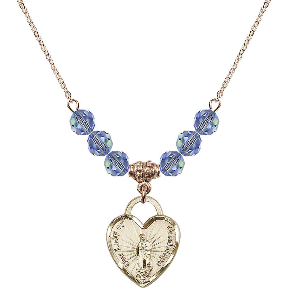 14kt Gold Filled Our Lady of Guadalupe Heart / Recuerdo Birthstone Necklace with Light Sapphire Beads - 3209