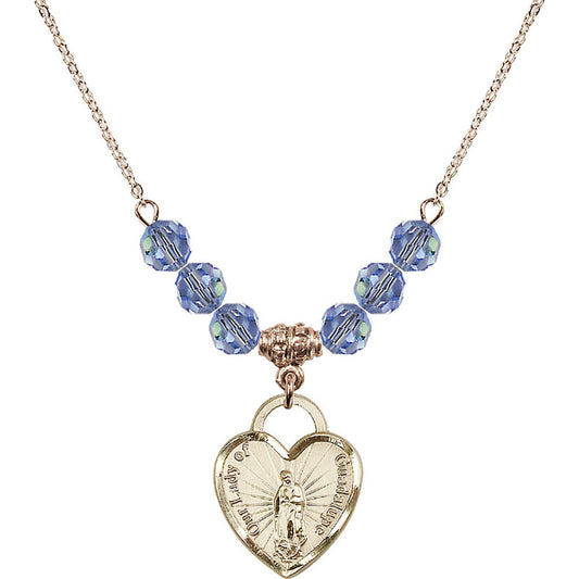 14kt Gold Filled Our Lady of Guadalupe Heart / Recuerdo Birthstone Necklace with Light Sapphire Beads - 3209