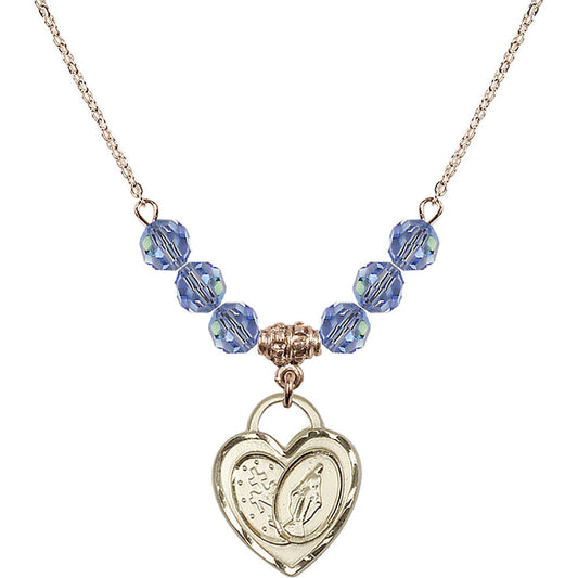 14kt Gold Filled Miraculous Heart Birthstone Necklace with Light Sapphire Beads - 3212