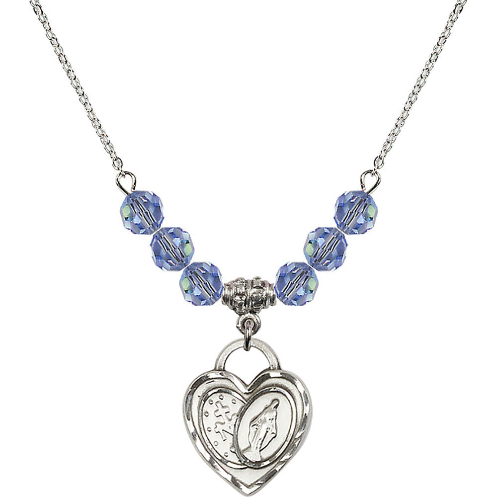 Sterling Silver Miraculous Heart Birthstone Necklace with Light Sapphire Beads - 3212