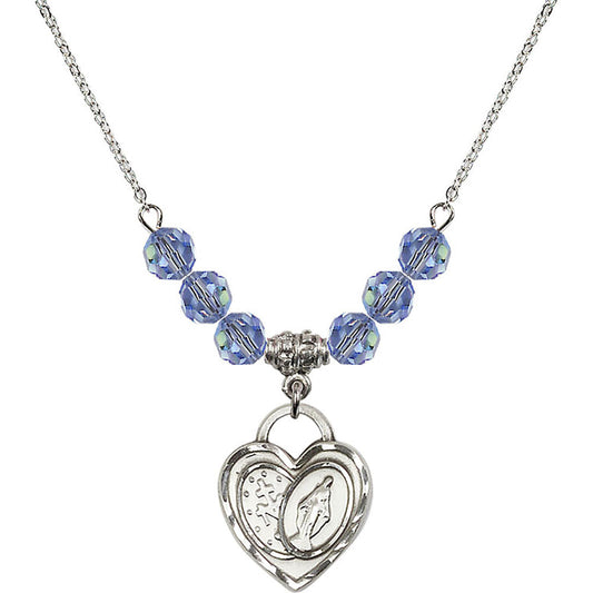Sterling Silver Miraculous Heart Birthstone Necklace with Light Sapphire Beads - 3212