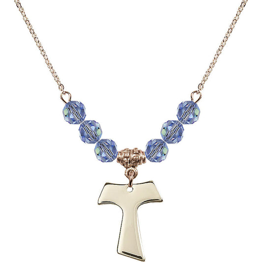 14kt Gold Filled Tau Cross Birthstone Necklace with Light Sapphire Beads - 3948