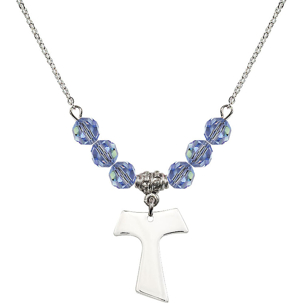 Sterling Silver Tau Cross Birthstone Necklace with Light Sapphire Beads - 3948