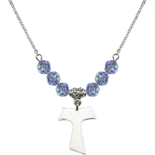 Sterling Silver Tau Cross Birthstone Necklace with Light Sapphire Beads - 3948