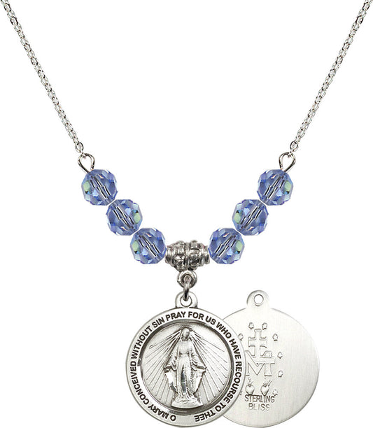 Sterling Silver Miraculous Birthstone Necklace with Light Sapphire Beads - 4056