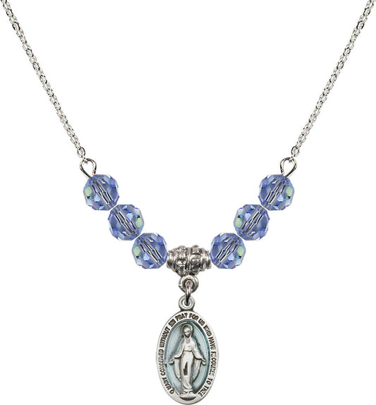 Sterling Silver Miraculous Birthstone Necklace with Light Sapphire Beads - 4122
