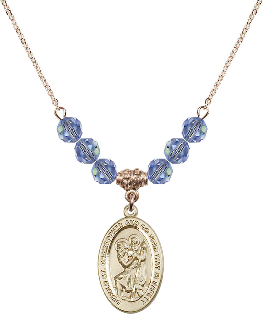 14kt Gold Filled Saint Christopher Birthstone Necklace with Light Sapphire Beads - 4123