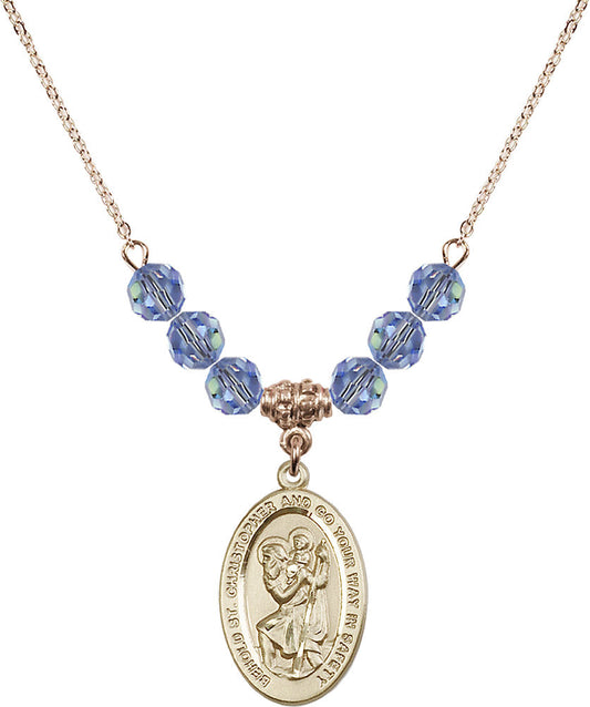 14kt Gold Filled Saint Christopher Birthstone Necklace with Light Sapphire Beads - 4123