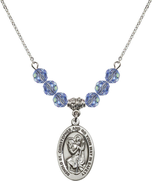 Sterling Silver Saint Christopher Birthstone Necklace with Light Sapphire Beads - 4123
