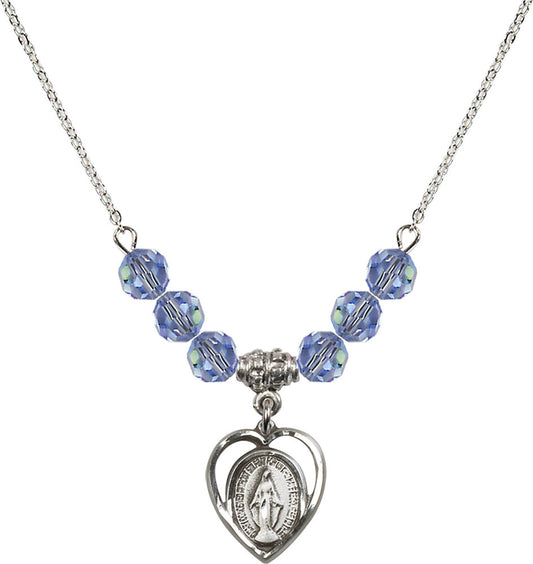 Sterling Silver Miraculous Birthstone Necklace with Light Sapphire Beads - 4125