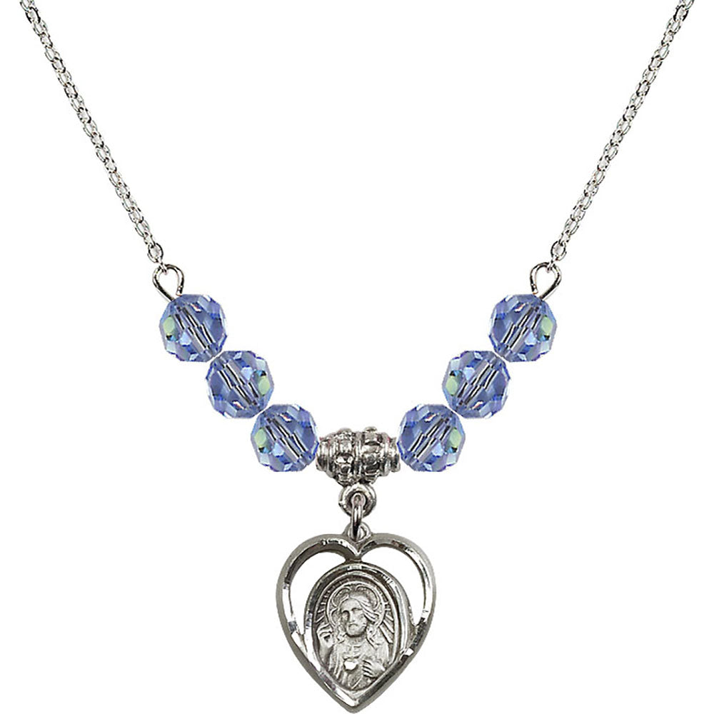 Sterling Silver Scapular Birthstone Necklace with Light Sapphire Beads - 4126