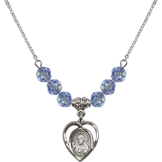 Sterling Silver Scapular Birthstone Necklace with Light Sapphire Beads - 4126