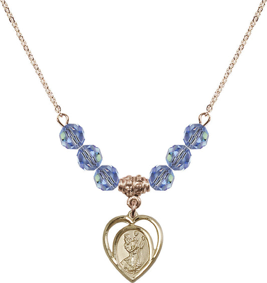 14kt Gold Filled Saint Christopher Birthstone Necklace with Light Sapphire Beads - 4127
