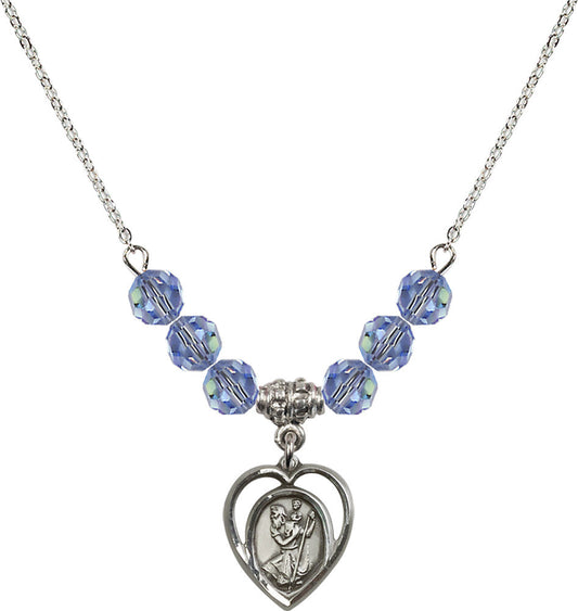 Sterling Silver Saint Christopher Birthstone Necklace with Light Sapphire Beads - 4127