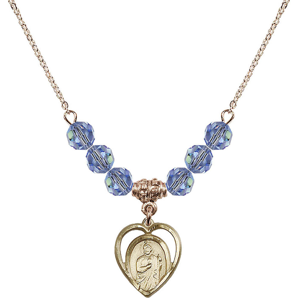 14kt Gold Filled Saint Jude Birthstone Necklace with Light Sapphire Beads - 4128