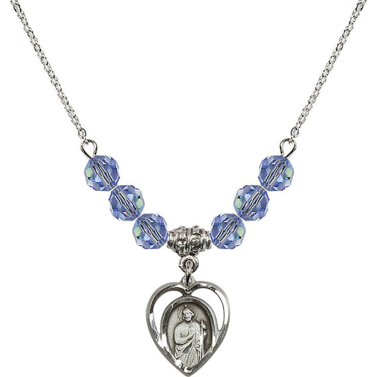 Sterling Silver Saint Jude Birthstone Necklace with Light Sapphire Beads - 4128
